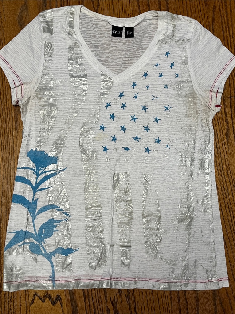 White V-Neck Tee with Blue Star & Floral Design